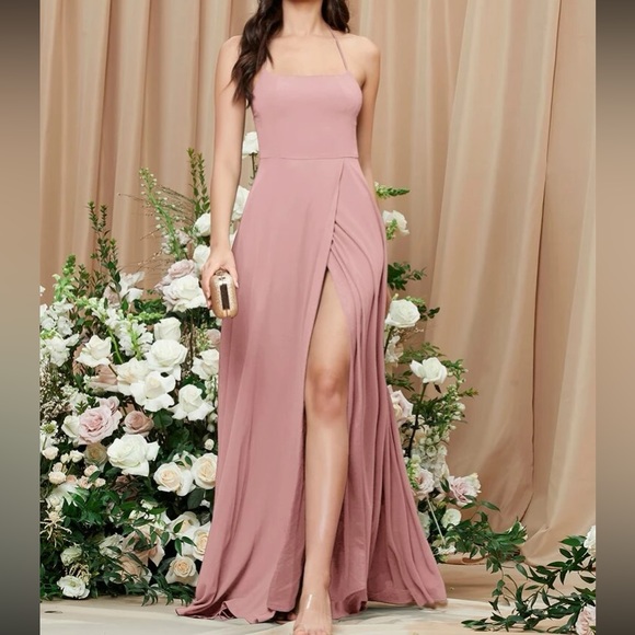 Luxe dusty blue crisscross back slit thigh party bridesmaids formal maxi dress - Picture 16 of 16